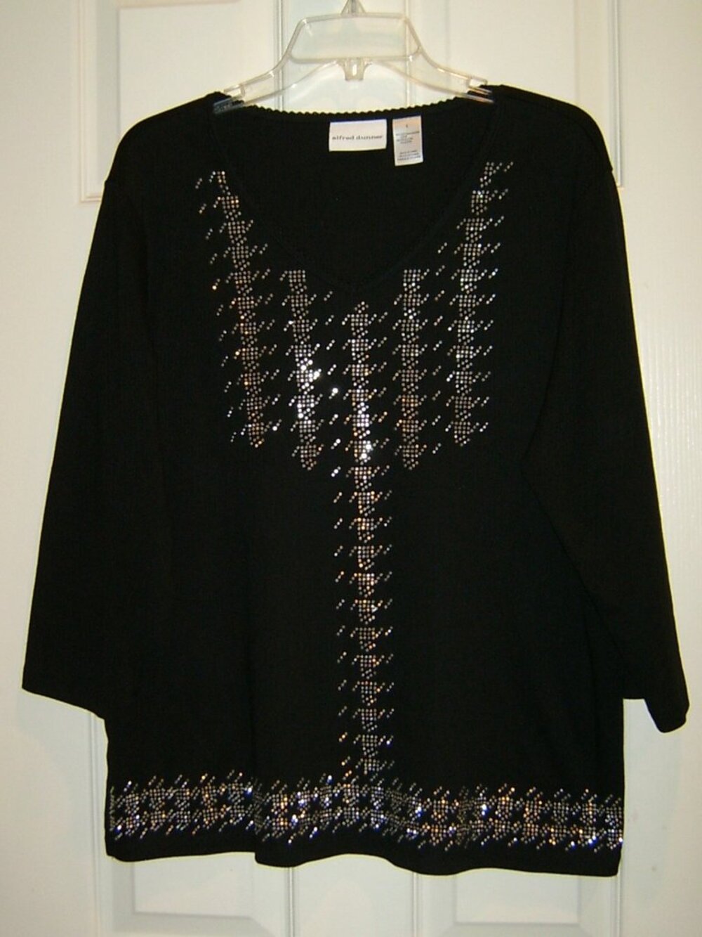 Alfred Dunner Womens Large Black Knit Top with Rhinestones, Size L